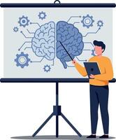 Presenter explaining brain concepts with visual aids and technology in a meeting vector