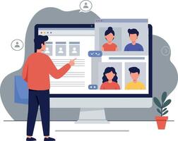 Person interacting with computer screen during a virtual meeting session vector
