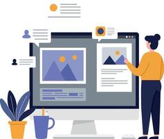 Person editing images on computer with plants and documents nearby vector