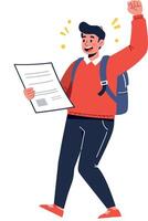 Young man celebrating success while holding a document with excitement vector