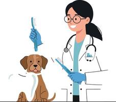 Veterinarian grooming a dog with a comb and smiling gently vector