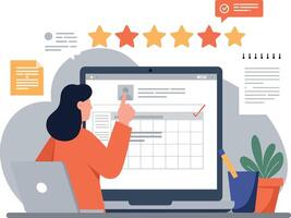 Woman reviewing a performance evaluation on a large computer screen vector