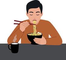 Man enjoying a bowl of noodles with chopsticks and a cup of tea vector