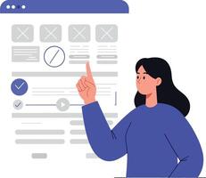 Woman interacting with digital interface displaying various elements and selections vector