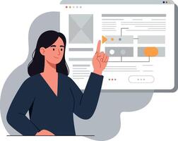 Woman interacting with digital interface while pointing at screen vector
