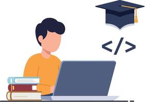 Student coding on laptop with books and graduation cap above screen vector