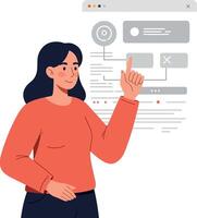 Woman interacting with digital interface while pointing at screen element vector