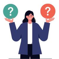 Woman holding two question mark signs in contrasting colors with uncertainty expression vector