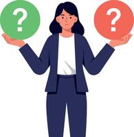 Woman holding green and red question marks in both hands, looking confused vector