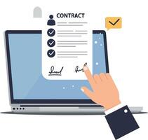 Hand signing a digital contract on a laptop screen with checkmarks vector