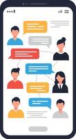 Communication between diverse characters through chat messages on smartphone screen vector