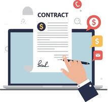 Digital contract signing on a laptop with notification icons and hand gesture vector
