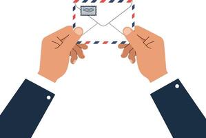 Hands holding an envelope with airmail design and clear address label vector