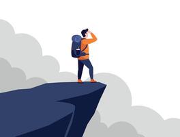 Hiker standing on cliff looking into the distance with backpack vector