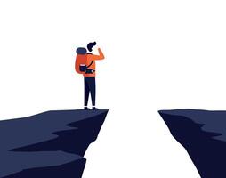Hiker standing on edge of a cliff looking towards a distant gap vector