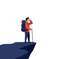Hiker on a cliff looking out over a vast landscape vista vector