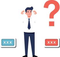 Confused businessman deciding between two options with question mark visual vector