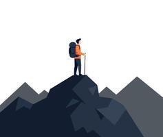 Hiker standing triumphantly on a mountain peak with stunning backdrop vector