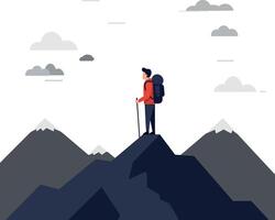Hiker standing on mountain peak, admiring vast cloudy landscape view vector