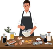 Man in apron whisking ingredients at wooden kitchen table with various items vector