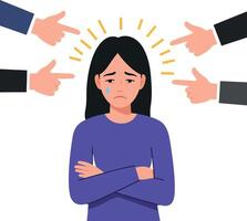 Sad woman with crossed arms surrounded by pointing hands expressing blame vector