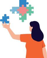 Woman assembling colorful puzzle pieces in creative action scene vector