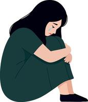 Woman sitting in a curled position expressing sadness and reflection vector