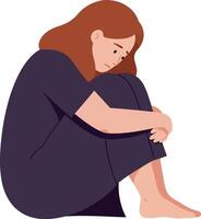 Woman sitting on the floor, hugging knees, expressing sadness and reflection vector