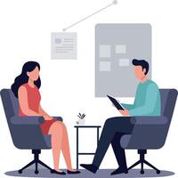 Two people engaged in a professional conversation in a modern office setting vector