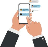 Hands holding smartphone while interacting with messaging application interface vector