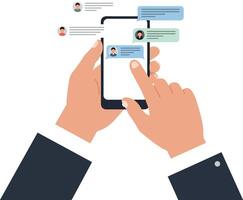 Hands using smartphone to interact with chat messages in digital conversation vector