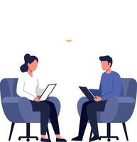 Two people sitting in chairs engaging with laptops in a modern setting vector