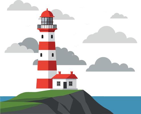 Vibrant lighthouse standing on rocky shore under cloudy sky