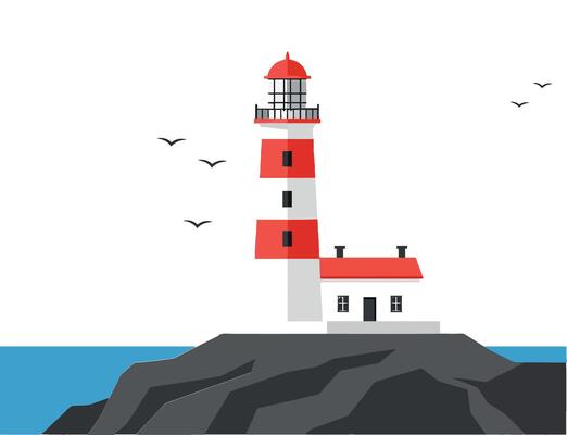 Red and white lighthouse on rocky shore with seagulls flying above