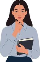 Thoughtful woman holding notebook with pen, pondering ideas in casual setting vector