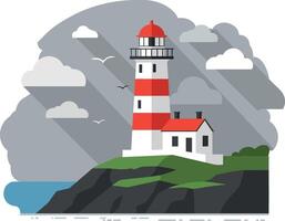 Illustrative lighthouse on rocky coast with cloudy sky and ocean background vector