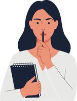Woman with finger on lips holding a notebook in a quiet pose vector