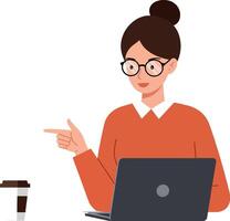 Woman in glasses pointing at laptop while sitting at desk vector