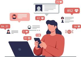 Person using smartphone while sitting at desk with laptop and notifications vector