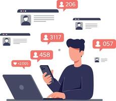 Person using smartphone while engaging with online social media notifications vector
