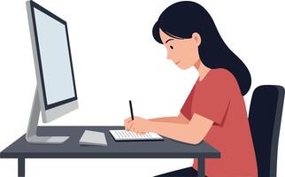 Young woman sitting at desk writing notes while using computer vector
