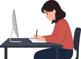 Woman writing notes while sitting at a desk with computer monitor vector