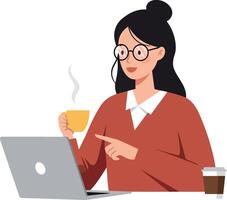 Young woman enjoying coffee while working on a laptop in a cozy setting vector