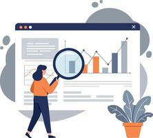Woman analyzing data trends using a magnifying glass on a screen vector