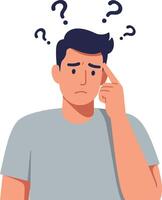 Confused young man with question marks indicating uncertainty and pondering thought vector