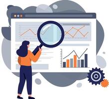 Woman analyzing data with magnifying glass in digital interface illustration vector