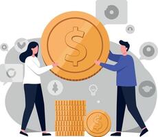 Two people exchanging a large coin with digital elements in background vector