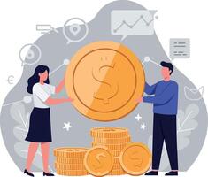 Two people collaborating to lift a large coin over a stack of coins vector