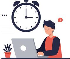 Man working on laptop while observing a clock for time management vector