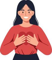 Woman smiling while holding a heart illustration with a warm expression vector